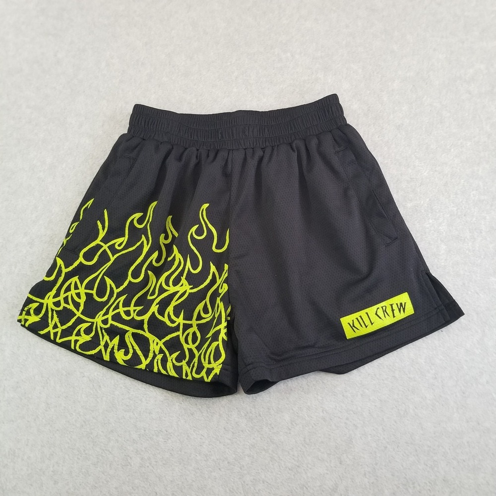 Kill Crew Shorts Mens Large Black Neon Green Flame Mesh Gym Workout Muay Thai